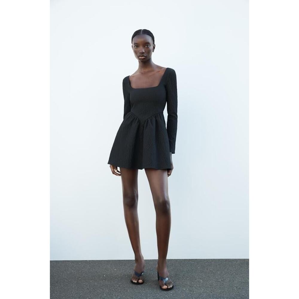 NWT Zara Textured Black Mini Dress Womens Large Gothic Flare Long Sleeves LARGE